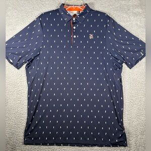 KJUS Polo Shirt Mens 2XL Navy Golf UPF 50+ Golfer Print Shinnecock Hills Logo
